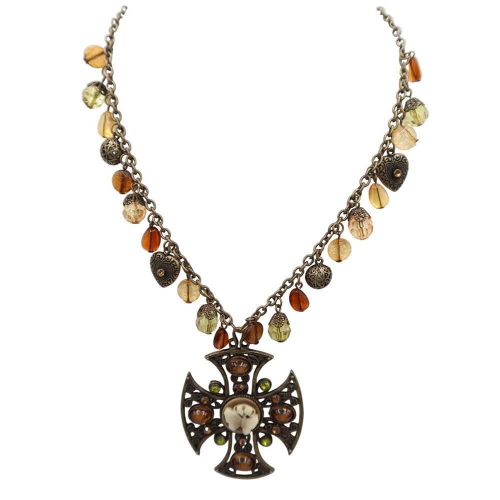 Jerusalem Cross Pendant Necklace w/ Bead & Heart Charms Fairy Grunge Whimsigoth